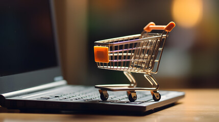 Miniature shopping cart standing on a laptop. Online shopping concept
