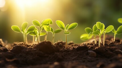 Seedlings are growing from nutrient-rich soil toward the morning sunlight, illustrating an ecological concept. - obrazy, fototapety, plakaty