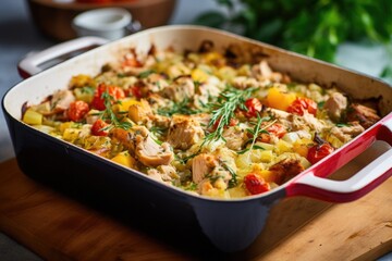 boxing day leftover turkey and dressing casserole in oven