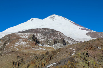 Close up view on Mount Elbrus from the acclimatization trail to waterfall