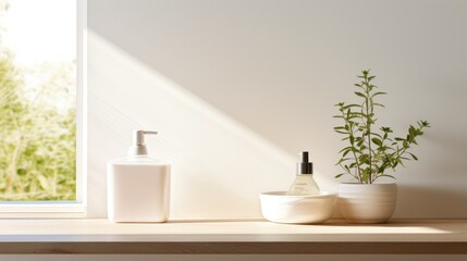 Display your products on this empty wooden table, complemented by a blurred bathroom interior background.