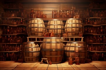 Stacked barrels of wine and beer, with a background of brown wooden panels. An illustration with a 3-dimensional effect. Generative AI