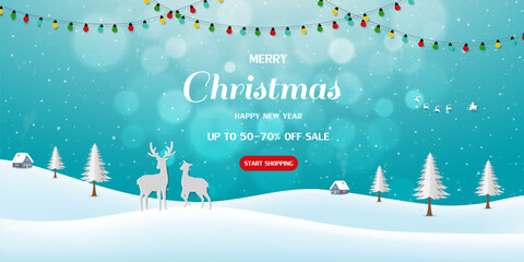 Merry Christmas and Happy new year sale horizontal background on winter landscape for discount promotion,flyers,banner,brochure,website or card