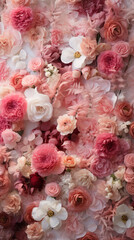 beautiful flower wall with fresh pink roses, peonies and ranunculuses