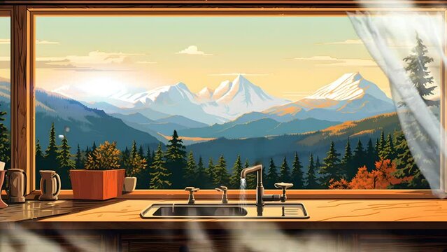 Kitchen with best view of mountain landscape on anime cartoon style. 4k animation loop video