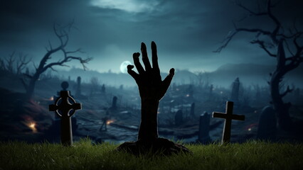 Hand of risen dead from grave in cemetery, Halloween grave crosses, zombies at night. 3d render