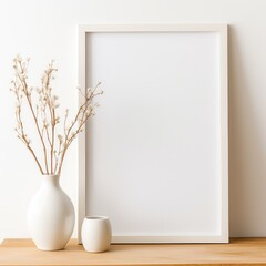 Fototapeta na wymiar Blank Poster Frame and Empty Vase