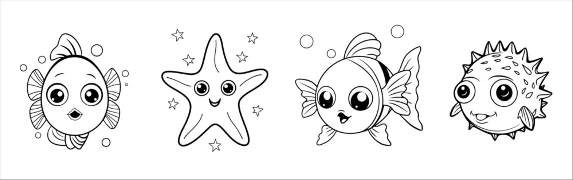 Cute funny clown fish, starfish and puffer fish for coloring. Vector template for a coloring book with funny animals. Colouring page for kids.	