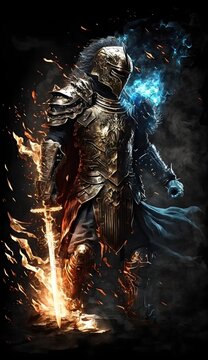 Fantasy knight with golden lion armor lion helm wielding glowing longsword fire and water swirling around him magic energy Midnite chronicles Artstation 2k render full body black background UHD 