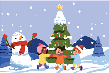 Children Playing with Snowman | Winter Christmas Theme Card