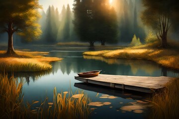 A tranquil pond with a wooden dock and a single rowboat. - obrazy, fototapety, plakaty