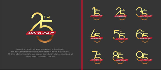 set of anniversary logo gold color and red ribbon on black background for celebration moment - obrazy, fototapety, plakaty