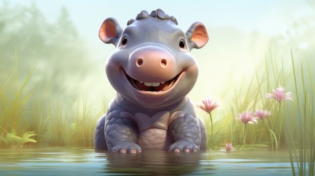 A cartoon hippo is sitting in the water