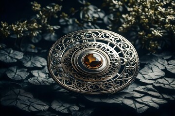 Ornate silver brooch with a nature-inspired design - obrazy, fototapety, plakaty