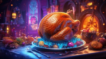A turkey sitting on top of a plate on a table