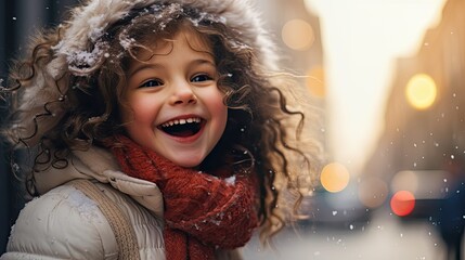 cute little girl is laughing in the stree - snowy winter background (generative AI)