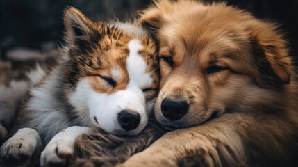 A couple of dogs laying next to each other