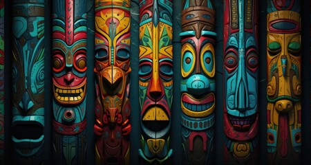 A group of colorful wooden tiki masks hanging on a wall - obrazy, fototapety, plakaty