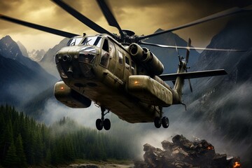Fototapeta na wymiar Military helicopter transporting supplies. Generative AI