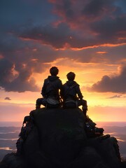 Two close friends sitting on top of the hill watching the sunset