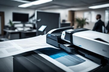A close-up of a high-tech office printer scanning a document. - obrazy, fototapety, plakaty