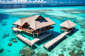 A serene overwater bungalow surrounded by crystal-clear turquoise waters, with a vibrant coral reef underneath.