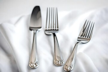 A gleaming silver fork and knife on a pristine white tablecloth.