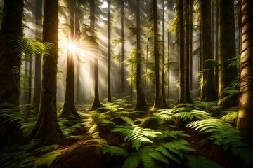 A serene forest scene with sunlight filtering through tall trees and ferns carpeting the forest floor.