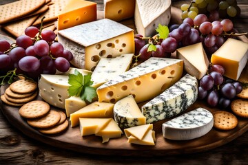 A close-up of a cheese platter with a variety of cheeses, grapes, and crackers.