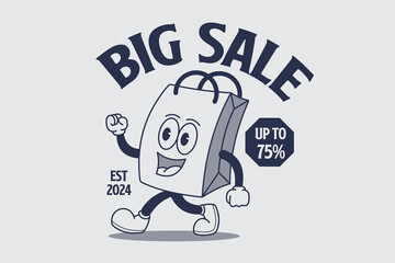 Big sale banner with shopping bag cartoon character vector illustration. Big sale special offer.