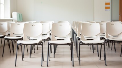 A row of empty chairs stands before a classroom whiteboard, ready for students.