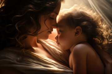 mother kissing her baby in bed - obrazy, fototapety, plakaty
