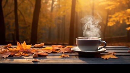 Steam rises from a tea cup on a wooden table amidst fallen leaves.