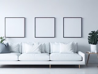 Interior of modern living room with white sofa and mock up poster frame. 3d render.