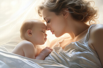 mother kissing her baby in bed