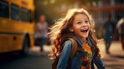Fototapeta premium happy little girl on her way to school (generative AI)
