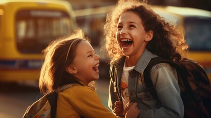 happy little girl on her way to school (generative AI) - obrazy, fototapety, plakaty