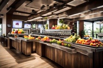 A gym's juice bar area with a variety of fresh fruits.
