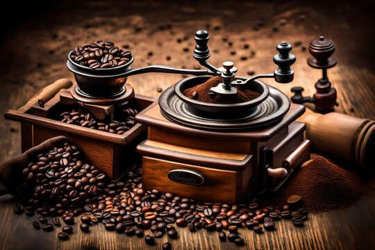 A vintage coffee grinder with a hand-crank and a pile of coffee beans.