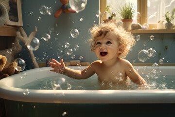 toddler playing in the bathtub with bubbles