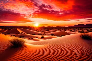 A desert landscape with sand dunes and a dramatic sunset painting the sky in shades of orange and...