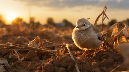 Zebra Dove on the cornfield at sunset in the evening.