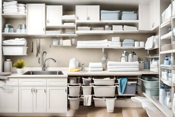 A well-organized utility room with shelves stocked with cleaning supplies and neatly folded linens.