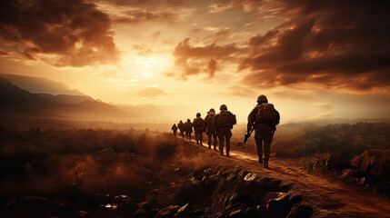 Silhouette of a group of soldiers at sunset - Powered by Adobe