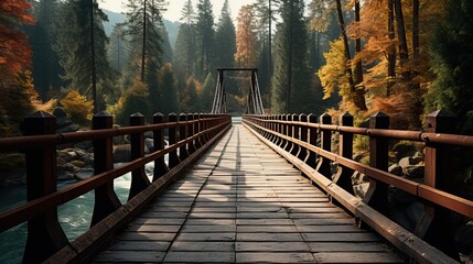 Wooden bridge over the river in the autumn forest.