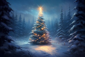 Christmas tree with lights and a star against the backdrop of a winter landscape with fir trees, snow and sky at night. Anime New Year and Christmas concept.