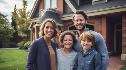 a Family in front of newly purchased house, smiling proudly. Real estate and a life goal accomplishment. Home ownership. - obrazy, fototapety, plakaty