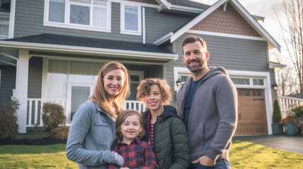 a Family in front of newly purchased house, smiling proudly. Real estate and a life goal accomplishment. Home ownership.