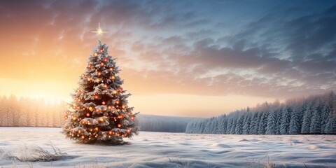 Christmas tree against snowy landscape with fir trees at sunset.