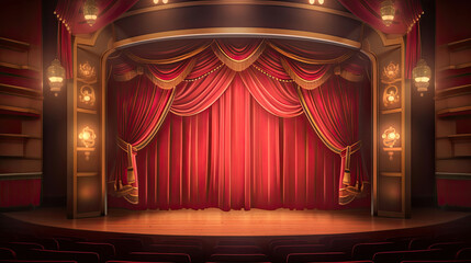 Theater stage vintage with red curtains and spotlights.
